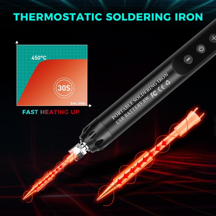 Voktta USB Rechargeable Soldering Iron with LCD, Battery Soldering Iron Set, Ceramic Heating Core, Adjustable Temperatures 200-450°C, with 3 Soldering Tips, It is for Repairing Circuit Boards etc