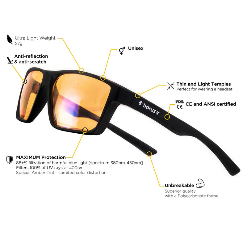 Horus X • Bundle Light Gaming & Office Glasses Rest Filter Protection [50-86%] • Anti Blue Light Screens • Video Games Computer Console PC • Gaming Accessories Pack • Men and Women