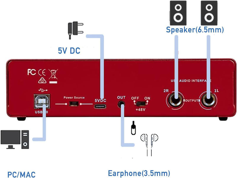 [AUSTRALIA] - USB Audio Interface, Interface for Recording Music, USB2.0 Studio Equipment for Mac/PC, XLR Input, 24Bit/192kHz, Plug & Play, 48V Phantom Power, Red 