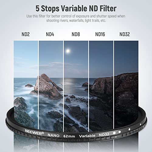 NEEWER 62mm HD Variable ND Filter ND2-ND32 (1-5 Stops) No X Cross/Optical Glass/30 Layer Nano Coated/Ultra Slim Aluminum Alloy Frame/Water Repellent/Anti Scratch Adjustable Neutral Density Filter HD ND2-ND32