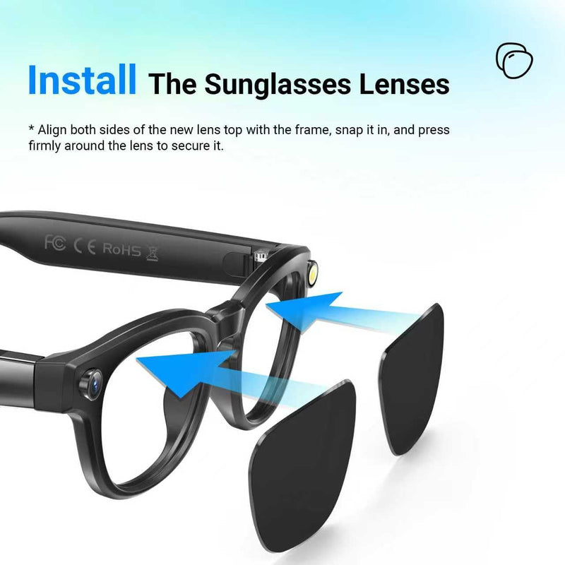 8MP Camera Glasses for Men and Women & Replacement Sunglasses Lenses, HD 1200P 4K Video Recording | Real-Time Translation & Object Analysis