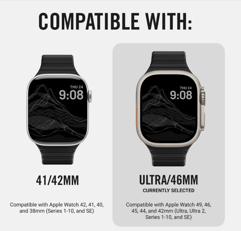 RIDGE Watch Strap - Compatible with Apple Watch 41/42 & Ultra/46 mm (Series 1-10 and SE), Premium FKM Rubber, Stainless Steel Hardware, Adjustable & Fits Most Wrists Matte Black Large