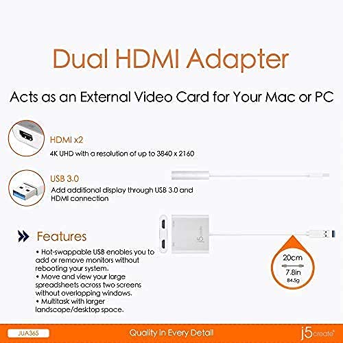 j5create USB to HDMI Adapter - Dual HDMI USB 3.0 Multi-Monitor Cable | 4K + 1080p | Compatible with Windows and macOS (JUA365) Single