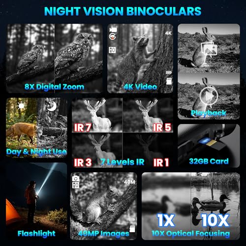 Birthday Gifts & Night Vision Goggles - Upgraded High Powered 4K Infrared Binoculars - 10X Optical & 8X Digital Zoom/Rechargeable/32GB Card/Flashlight, Camping Exploration Gift for Men Dad Husband Bright Black