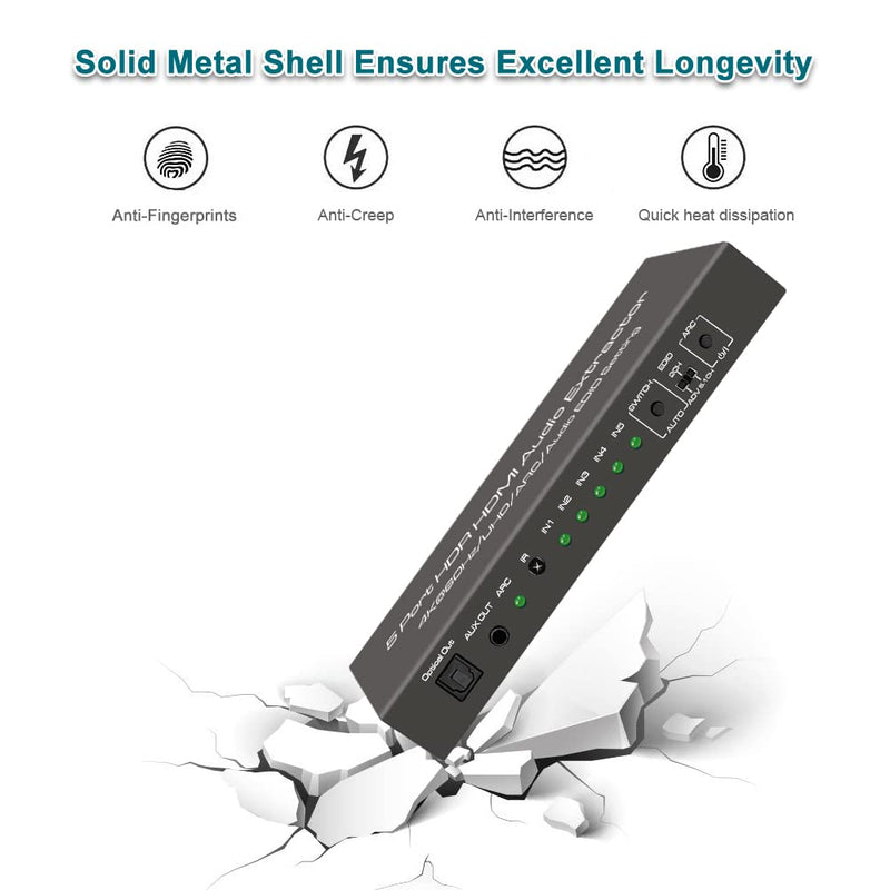 (Upgraded) SkycropHD 5 Port 4K@60Hz HDMI Switch with Optical & 3.5mm AUX Audio Out, 5 in 1 Out HDMI 2.0 Switch Audio Extractor with Remote,Support ARC, HDCP 2.2, HDR10, 18Gbps