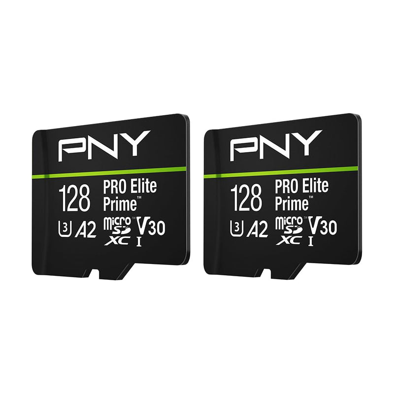 PNY 128GB PRO Elite Prime C10 U3 V30 A2 microSDXC Flash Memory Card – Ultra-Fast Speeds, Read 200MB/s, Write 150MB/s, 4K UHD, Full HD, UHS-I, for Smartphones, Drones, Action Cameras, 2-Pack 128GB 2-Pack