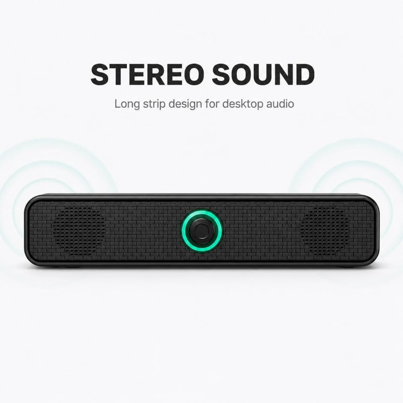 USB Computer Speaker Long Strip Wired Desktop Sound Bar with Knob Volume Control for Laptop PC Office Gaming Streaming Home, Black