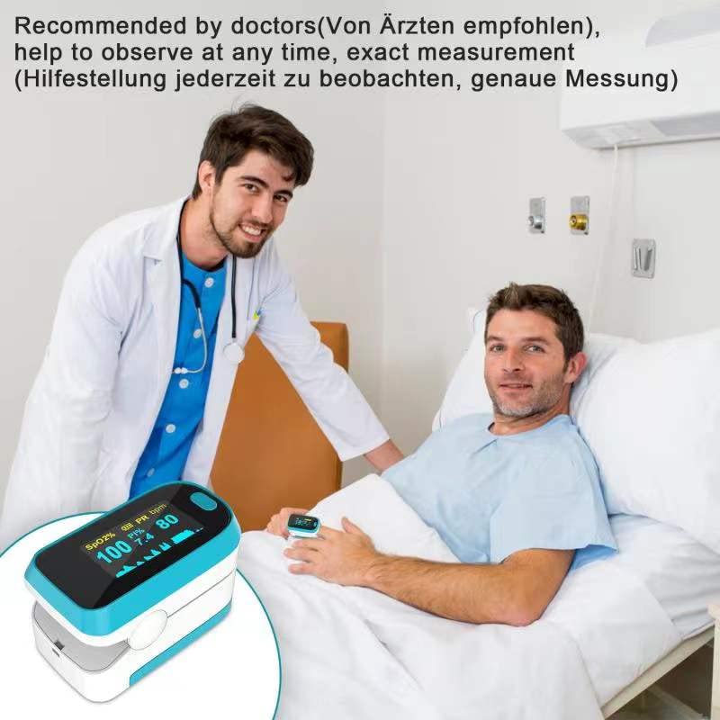 MOMMED Pulse Oximeter, Oxygen Saturation Meter, Finger Pulse Oximeter with Alarm for Measuring Oxygen Saturation (SpO2), Pulse Monitor for Children and Adults, OLED Display that Rotates blue-white