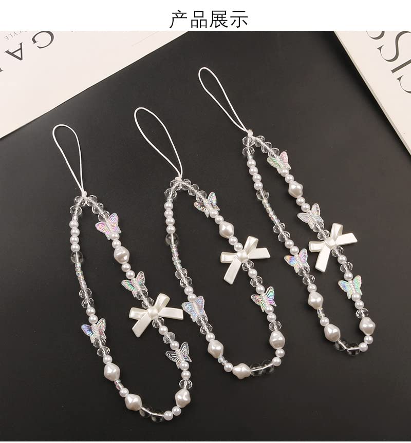 Cute Cell Phone Charms, Creative Bows Pearl Beaded Phone Lanyard Wrist Strap, Beaded Phone Strap Charms Anti-Lost Chain Keyring Charms Camera Wallet Decoration Pendant, Style 1… Style 2