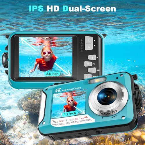4K Underwater Camera 16FT Waterproof Autofocus Dual-Screen 32GB Card
