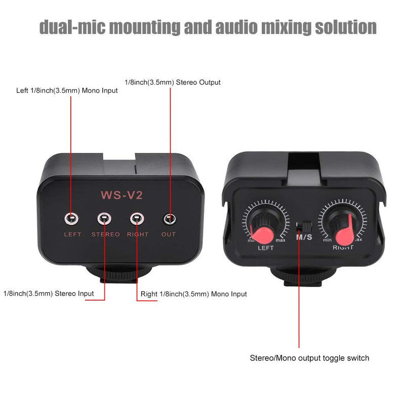 DSLR Cameras Audio Mixer Adapter, WS V2 Channel Small Microphone Audio Mixer for DSLR Cameras Mono 1/8inch(3.5mm) inputs/Stereo 1/8inch(3.5mm) Input / 1/8inch(3.5mm) Stereo
