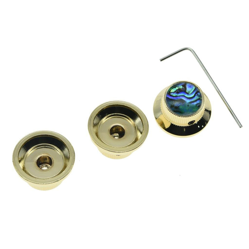 KAISH Set of 3 Set Screw Abalone Top Gold Guitar Bass Knobs Strat Metal Knobs for 6mm Shaft Pots