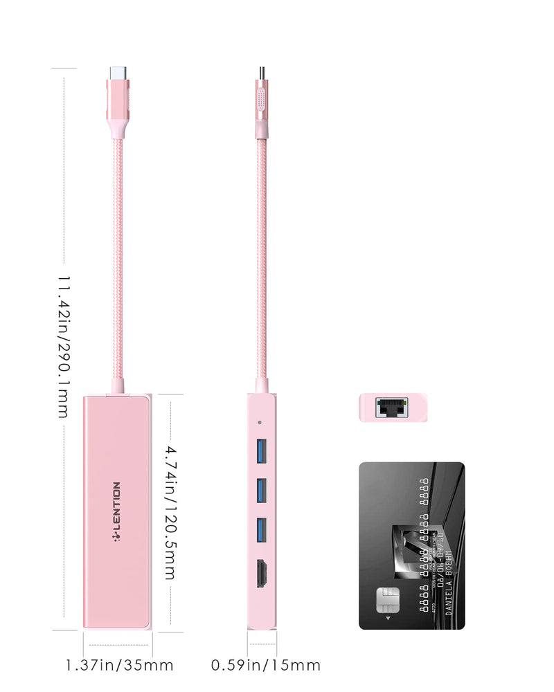 LENTION USB C Hub with Gigabit Ethernet Adapter, 4K HDMI, 3 USB 3.0 Dongle for 2022-2016 MacBook Pro 13/14/15/16, New Mac Air & Surface, Chromebook, More, Stable Driver Certified (CB-C25, Rose Gold)