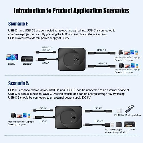USB 3.0 Selector, 2 in 1 Out USB C er with Power Indicator, Bi-Directional for 2 Computers Share 1 USB Device