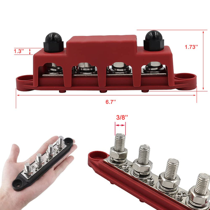 Heart Horse Power Distribution Block Bus Bar 3/8'' Terminal Stud 4 Post with Cover 250 Amp Rating for Marine Automotive and Solar Wiring RV Boat (250A, 3/8'', Red+Black) 3/8''