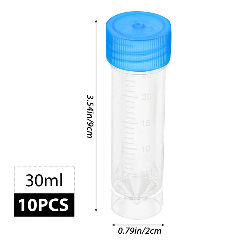 FERCAISH Pack of 10 Sample Tubes with Blue Screw Lid, 30 ml Sample Tube, Disposable Urine Tubes, Plastic Marker, Test Tubes, for Laboratory and Hospital