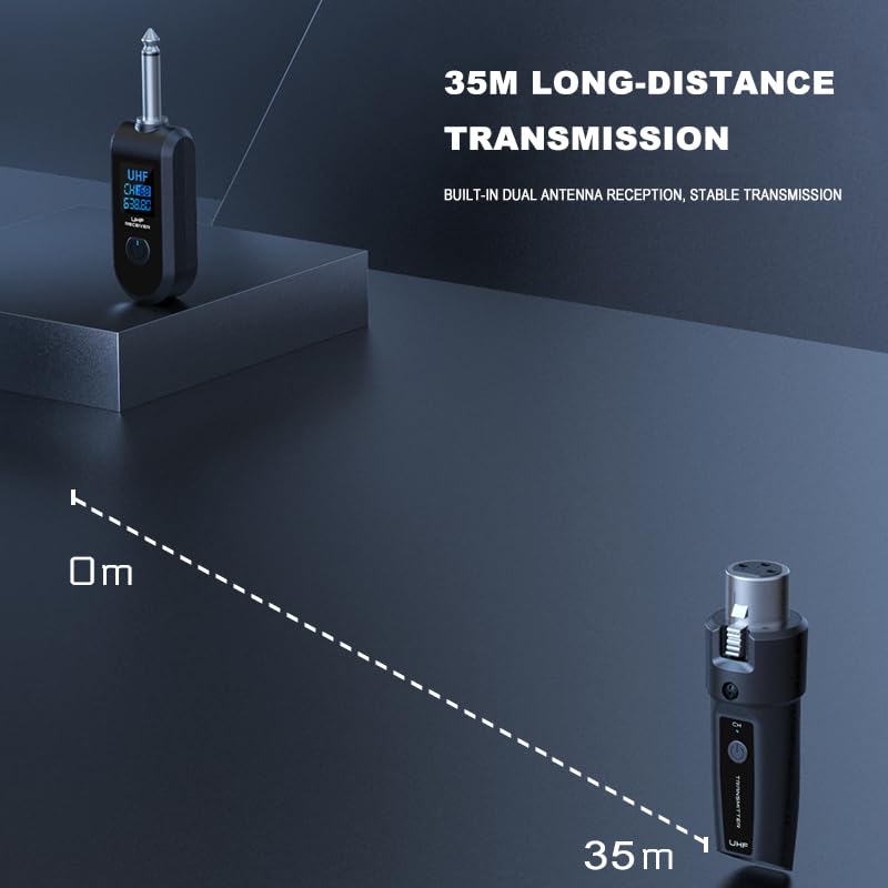 Upgrade 2.4GHZ Wireless XLR Transmitter and Receiver, Built-in Rechargeable Lithium Battery for Dynamic Microphone,Audio Mixer,Electric Guitar Bass (1 Receive + 2transmit) 1 receive + 2transmit