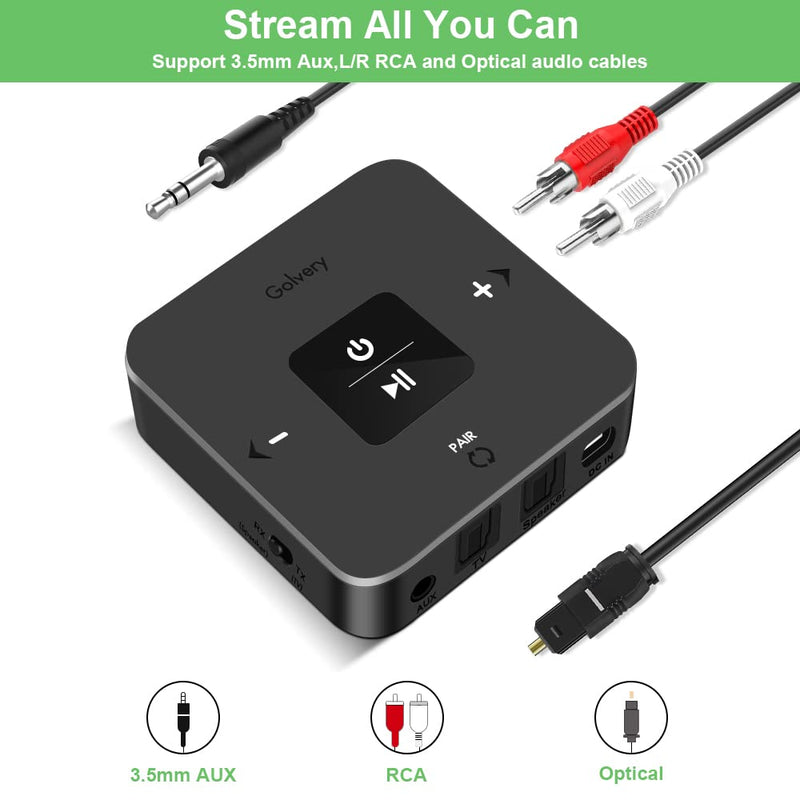 [AUSTRALIA] - Golvery Bluetooth 5.0 Transmitter Receiver for TV Airplane, 2 in 1 Bluetooth Adapter for PC/DVD/MP3/Home Stereo/Speaker/Gym, Optical/RCA/AUX Connection, 25 Hours Playtime, Dual Link, Volume Control Brown 