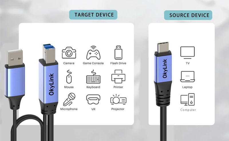 OkyLink Active USB 3.0 USB-C to USB-B Cable, Male-to-Male 5Gbps 32ft | 10M, USB 3.2 Gen1, flame-retardant, for KVM, MIDI keyboard, printer, scanner, camera, hard drive enclosure USB3.0(5Gbps) 32ft (10m)