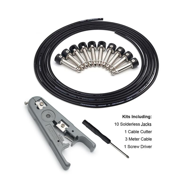 SAPHUE Guitar Bass Patch Cable Multi Effects Guitar Pedal, Solderless Pedalboard Cable Kit,10ft Cable 10 Tip Connectors Solderless 6.35 Mono Plugs for Effect Pedal Make 5 DIY Custom Patch Cables Straight Black Cap Cable Kits