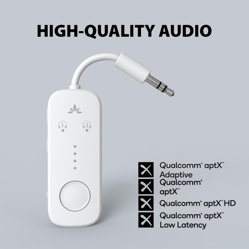 Avantree Relay - Premium Airplane Bluetooth 5.3 Adapter for All Headphones, aptX Low Latency, Supports 2 Headphones or AirPods, Wireless Audio Transmitter for in-Flight, TV, Gym, Tablets White