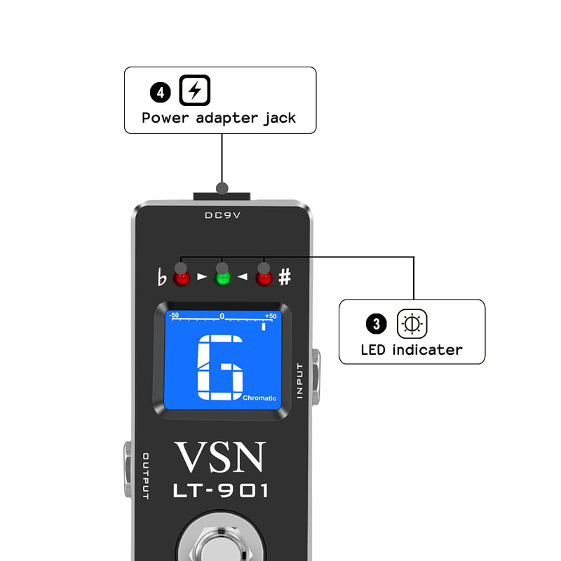 VSN Tuner Pedal,Chromatic Guitar Tuner Pedal Fast and Accuate Tuner for High Precision ± 1 Cent with Pitch Indicator for Electric Guitar and Bass True Bypass LT-901 Black Pedal Tuner