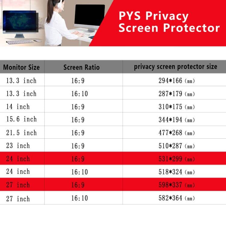 PYS Monitor Privacy Screen 27 inch -for Widescreen Computer Monitor[16:9 Aspect Ratio], Anti-Spy/Anti Blue/Anti-Scratch Protector Film for Data confidentiality - (WxH:598mm x 377mm) Black