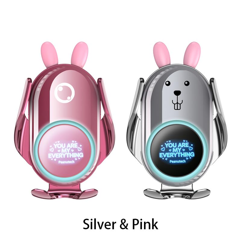 Cute Silver Rabbit Wireless Fast Charge Car Holder, Auto Clamp Vehicle Phone Mount