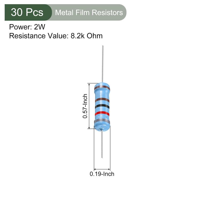 YOKIVE Pack of 30 Metal Foil Resistors 8.2 K Ohm Resistor with 2 W 1% Tolerance Cable Good for DIY Electronic Projects (5 Colour Bands 15.5+/-1 mm)