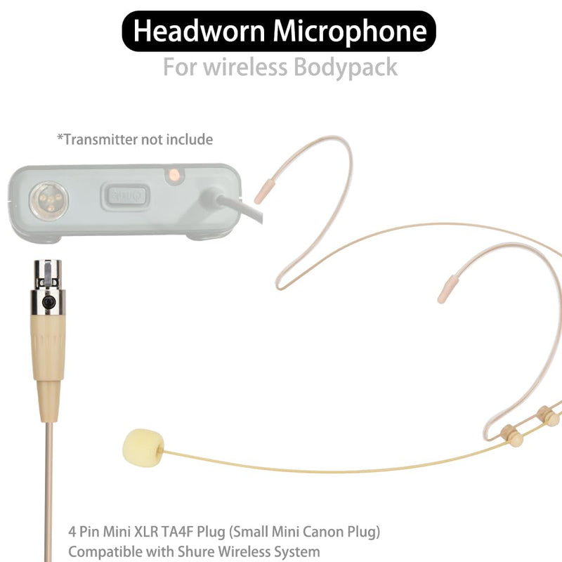 YXG Headworn Earset Over Ear Hanging Mic Low Profile Light-Weight Microphone Compatible with Shure Wireless System Bodypack Transmitter with 1.45m Cable Mini XLR 4 Pin TA4F Plug(Skin Tone), Beige MIC