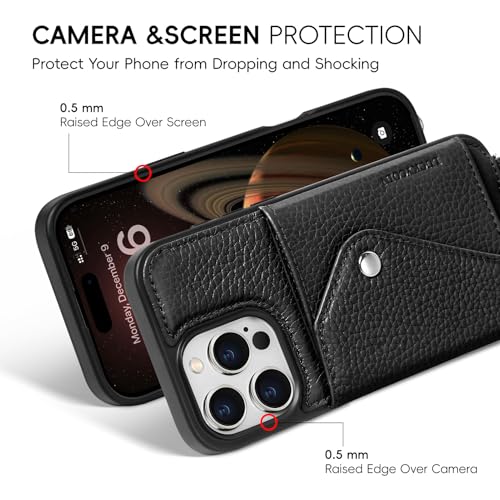 LUCKYCOIN 100% Genuine Leather Crossbody Wallet Phone Case for iPhone 16 Pro Max, Shockproof Phone Purse with Adjustable Lanyard Strap & Card Holder, Crossbody Purses for Women, Pebble Grain Black LZ-Black