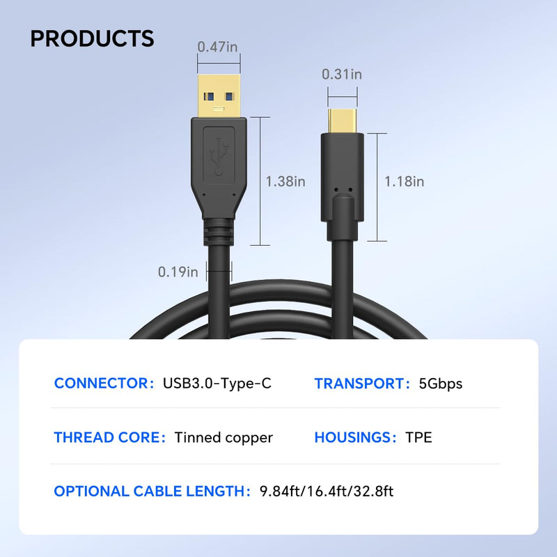 32ft USB-A to USB-C High-Speed Data Transfer Cable with Dual Magnetic Rings – Camera Connection Cable with Signal Boosting, Compatible with Hard Drives, Canon, Sony, Fujifilm, Nikon DSLR Cameras 32.8ft Black