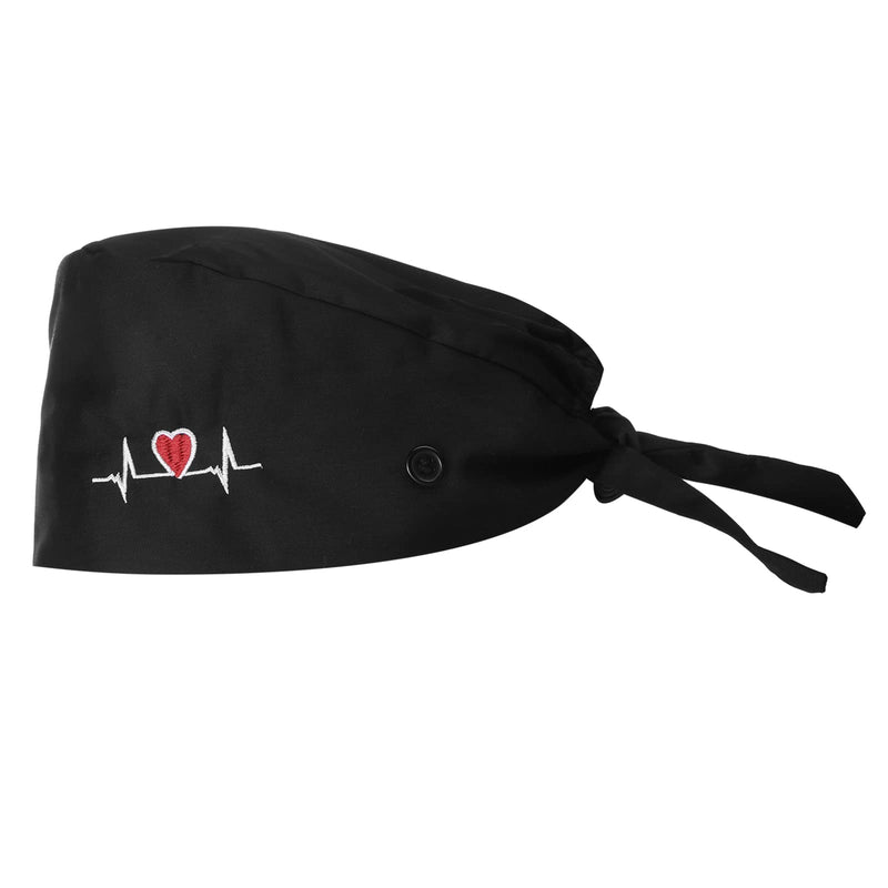 Lusofie Adjustable Working Cap with Button Sweatband Surgical Cap Nurse Hat Cotton Ponytail Holder Scrub Caps Tie Back Hats Black Heart