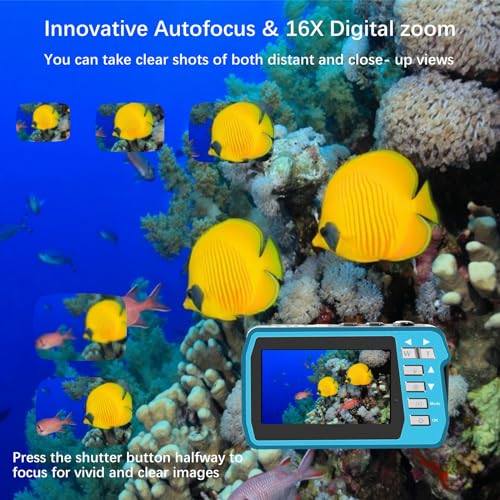 4K Underwater Camera, Full HD 4K&48MP Compact Floatable Camera, 10FT Waterproof Camera for Snorkeling, Surfing, Rafting, Dual-Screen for Selfie/16X Digital Zoom/Fill Light/Support 128GB Card(Blue) Blue