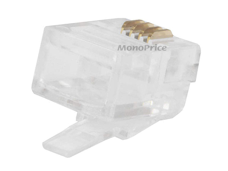 Monoprice 6P4C RJ11 Modular Plugs for Round Solid Cable - Crimp On, 1U, 3 Prongs, 4 Conductor, Clear, 50-Pack