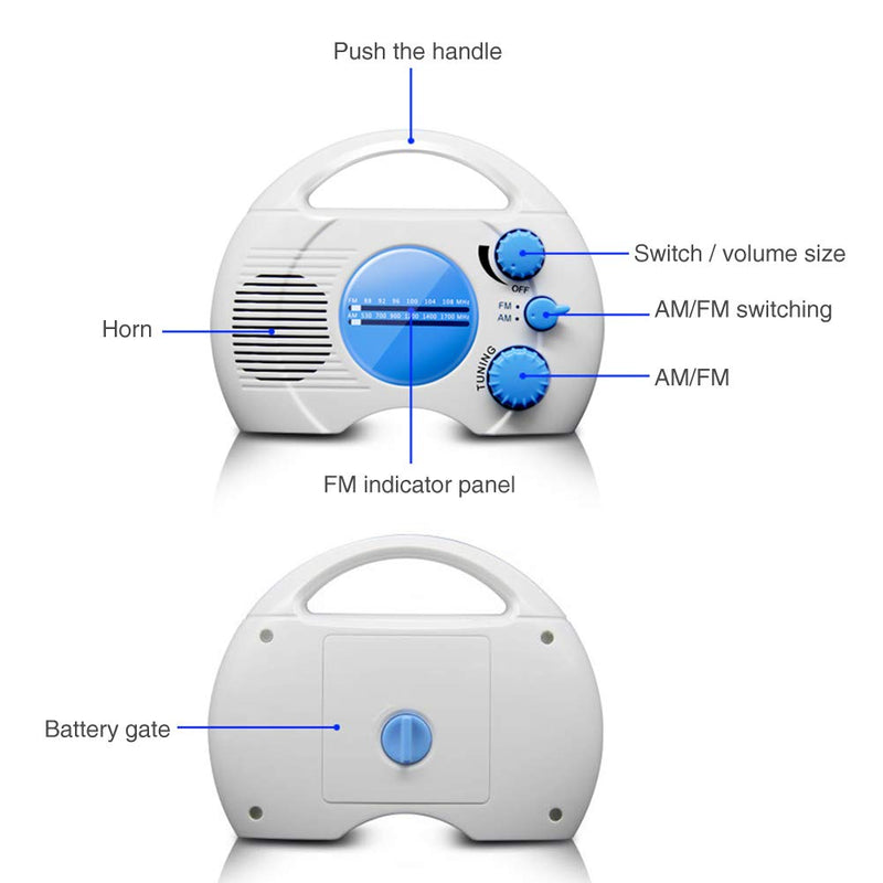 Waterproof Shower Radio - SY-910 Portable 5 Level Waterproof Radio - Mini AM FM Shower Radio Built in Speaker Audio Home Bathroom (Blue+White)