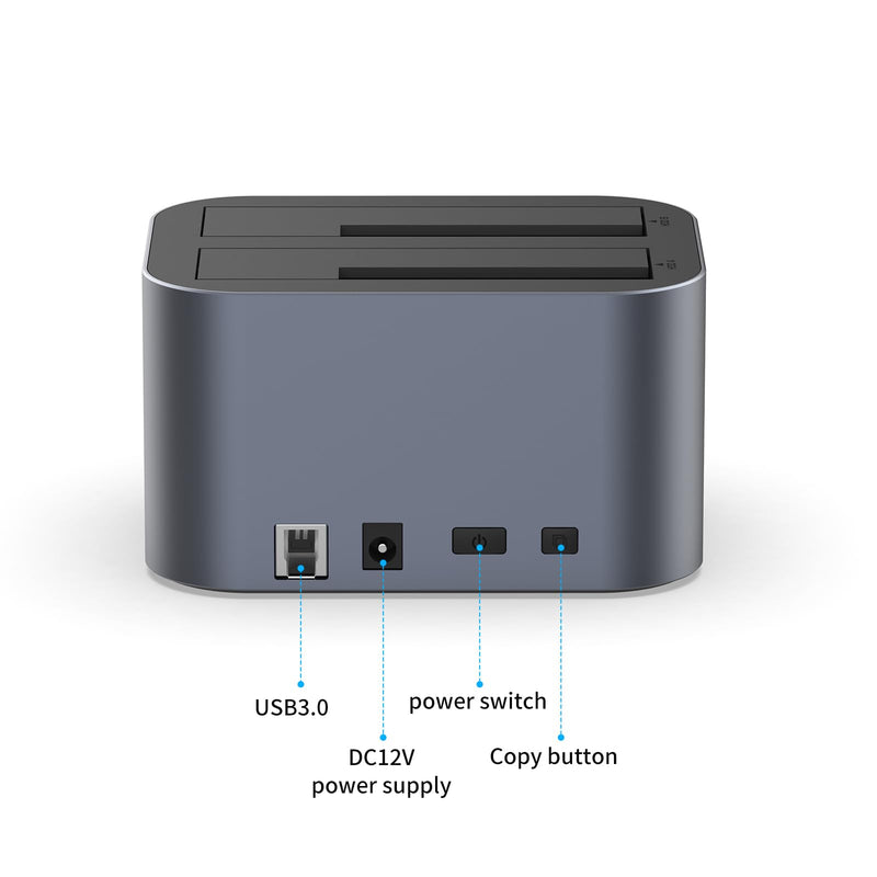 GODO 2.5/3.5" SATA Dual-Bay HDD Dock, USB 3.0 Hub, Clone, 20TBx2 Aluminum | Dual USB 3.0 Expansion Ports, Offline Clone Without PC, 5Gbps Transfer, Tool-Free Installation, Hot Swappable, LED Indicator