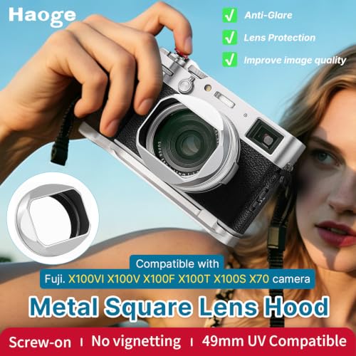 Haoge Square Metal Lens Hood for Fujifilm X100VI Fuji X100V X100F X100T X100S X70 Camera Silver with 49mm UV Filter Adapter Ring LH-XVI100S