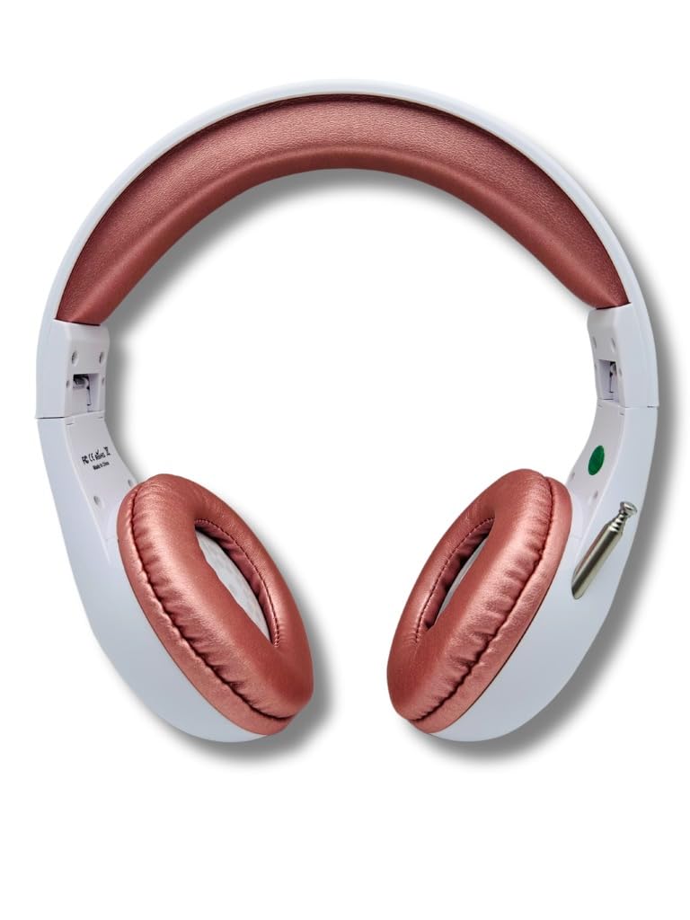 KQEC FM Radio Headphones, White & Rose Gold | Adjustable, Pull-Out Antenna, Portable Personal Radio, Battery Powered