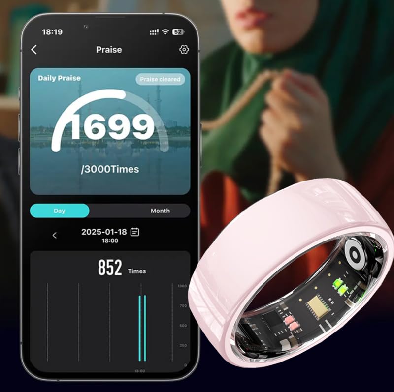 Smart Ring Fitness Tracker for Women Pink Ceramic (Size #10) | Sleep Monitoring, Heart Rate Monitoring, Gesture Touch Control, Menstral Tracking, Body Temperature, Charging Case
