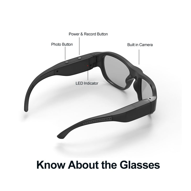 OhO sunshine Full HD 1080P Camera Sunglasses, Record-While-Charging, Water Resistant, UV Protection Lenses, Unisex Black Frame | Ice Blue Lens | 32g
