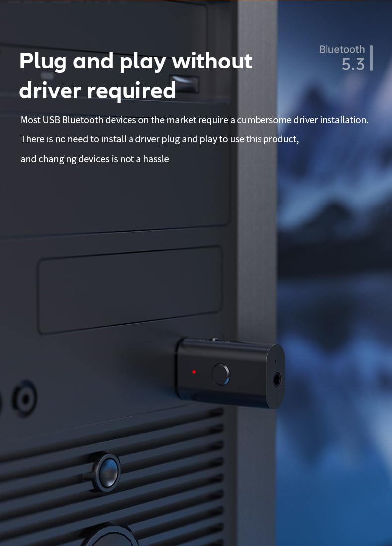 5.3 transceiver 2-in-1 USB Adapter, USB Bluetooth Adapter, Wireless Audio Adapter from TV to Bluetooth Headphones, Low Latency, Power by USB for TV/PC Home/Car Sound System