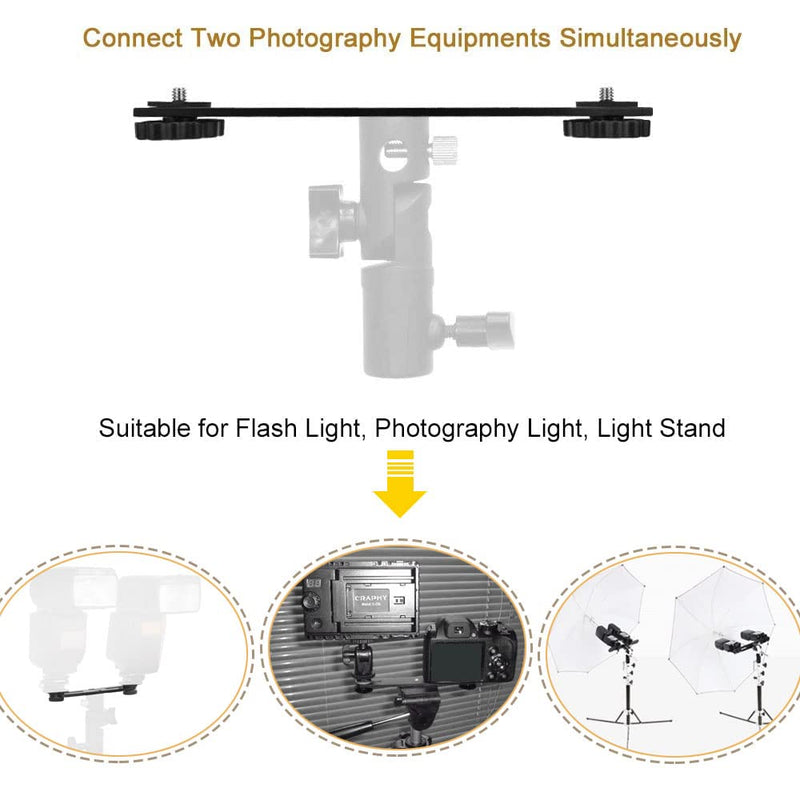 Dual Flash Bracket 8in/20.3cm Camera Mount Tripod Bracket with 1/4 Screw Hot Shoe Flash Light Bracket for LED Light Microphone 3D Stereo Stereoscopic Photography 1 Pack