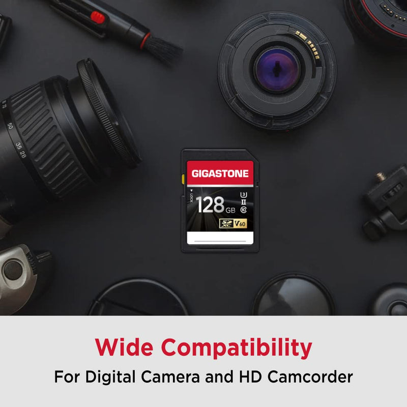 Gigastone 128GB SD Card UHS-II V60 U3 SDXC Memory Card High Speed Read up to 250MB/s 4K Ultra HD UHD Video for DSLR Canon Nikon Sony Pentax Kodak Olympus Panasonic Digital Camera, with 1 Mini case