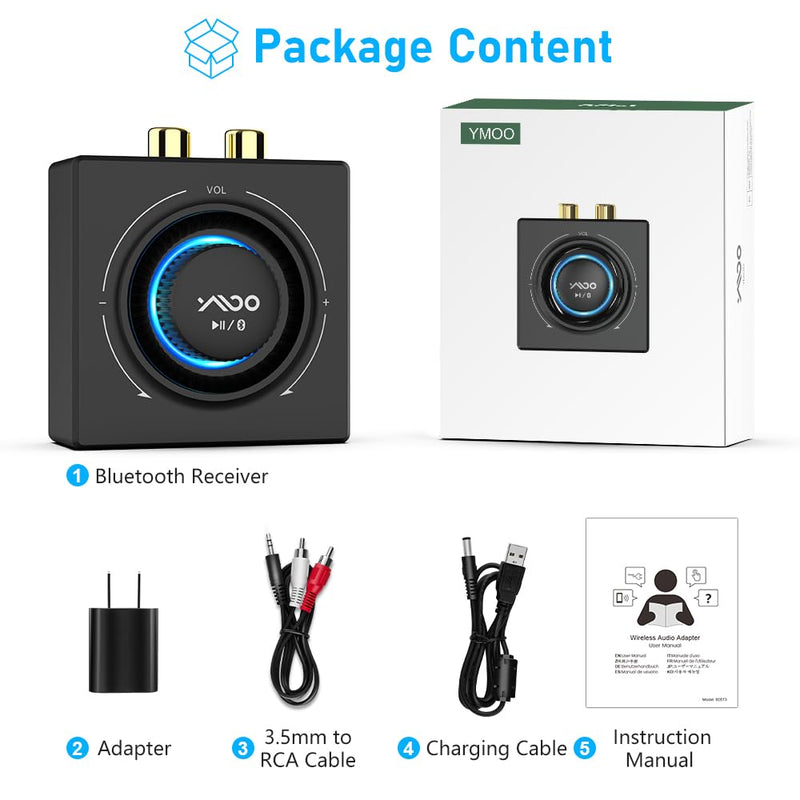 [AUSTRALIA] - YMOO B06T3 Bluetooth 5.3 Receiver, 100ft RCA Bluetooth Audio Adapter for 3.5mm Jack AUX HiFi Home Stereo/Speaker from Smartphone/Tablet/Laptop, Dual Link for Two Speakers, SBC AAC Audio Black 
