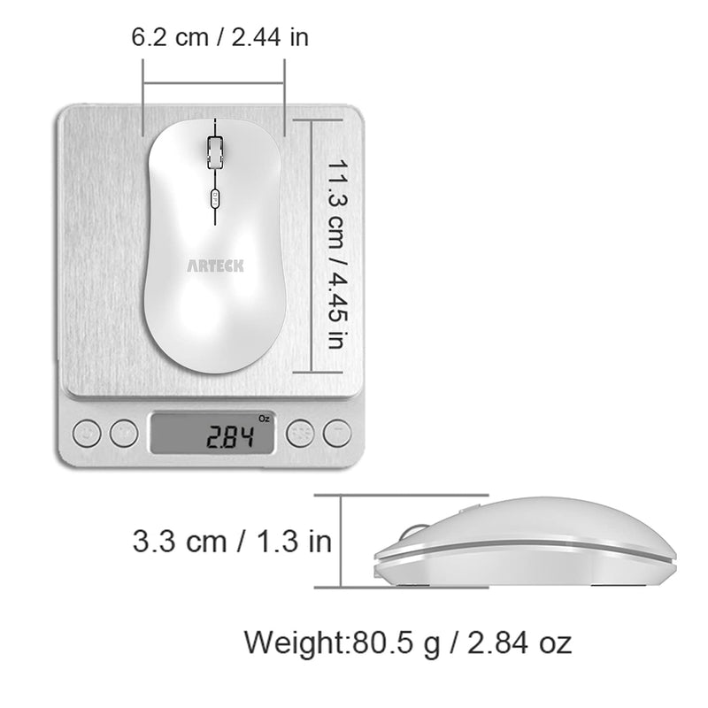Arteck 2.4G Wireless Mouse with Nano USB Receiver Ergonomic Design Silent Clicking for Computer / Desktop / PC / Laptop and Windows 10/8/7 Build in Rechargeable Battery - White
