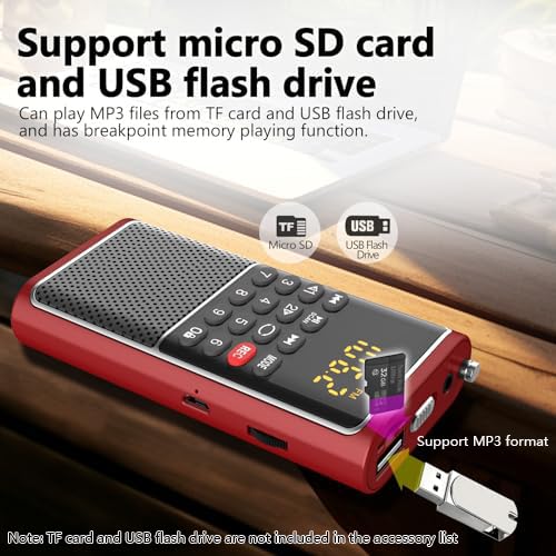 [AUSTRALIA] - Small FM Radio Pocket Portable Radio,Rechargeable Battery Operated,USB/Micro SD Card/TF Card Slot Mp3 Player,Numeric Key, with Recorder,Excellent Reception and Sound,Suitable for Home & Outdoor Use RED 