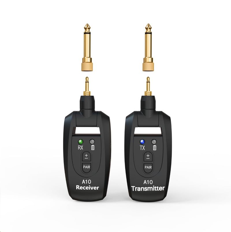 Wireless Guitar Transmitter Receiver 2.4GHz Rechargeable, 6.35mm and 3.5mm Plugs Audio Wireless Guitar System 250° Rotatable for Bass Keyboard Drums Multiple Instruments (A10 Black)