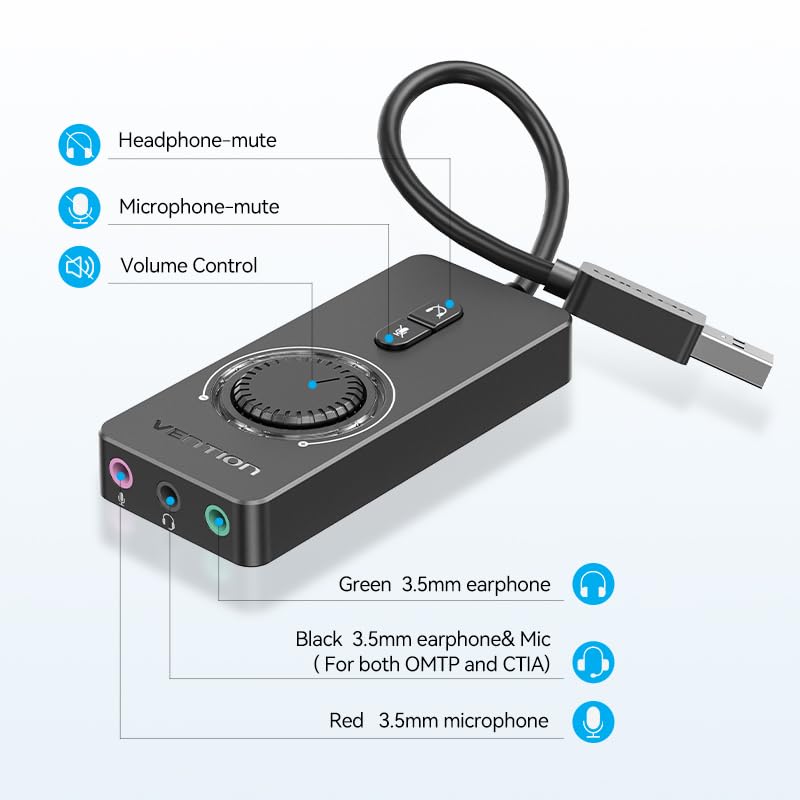 VENTION USB Sound Card, External Stereo Sound Card with Volume Control, USB to 3.5mm Jack Audio Adapter for Windows, Mac, PC, Laptop, Desktop, Headset, Switch and More Three Jack