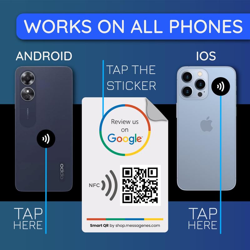 Reusable QR Code & NFC Review Sticker Pack - Tap to Review on Google - 10 Stickers - iPhone & Android | by MESSAGENES